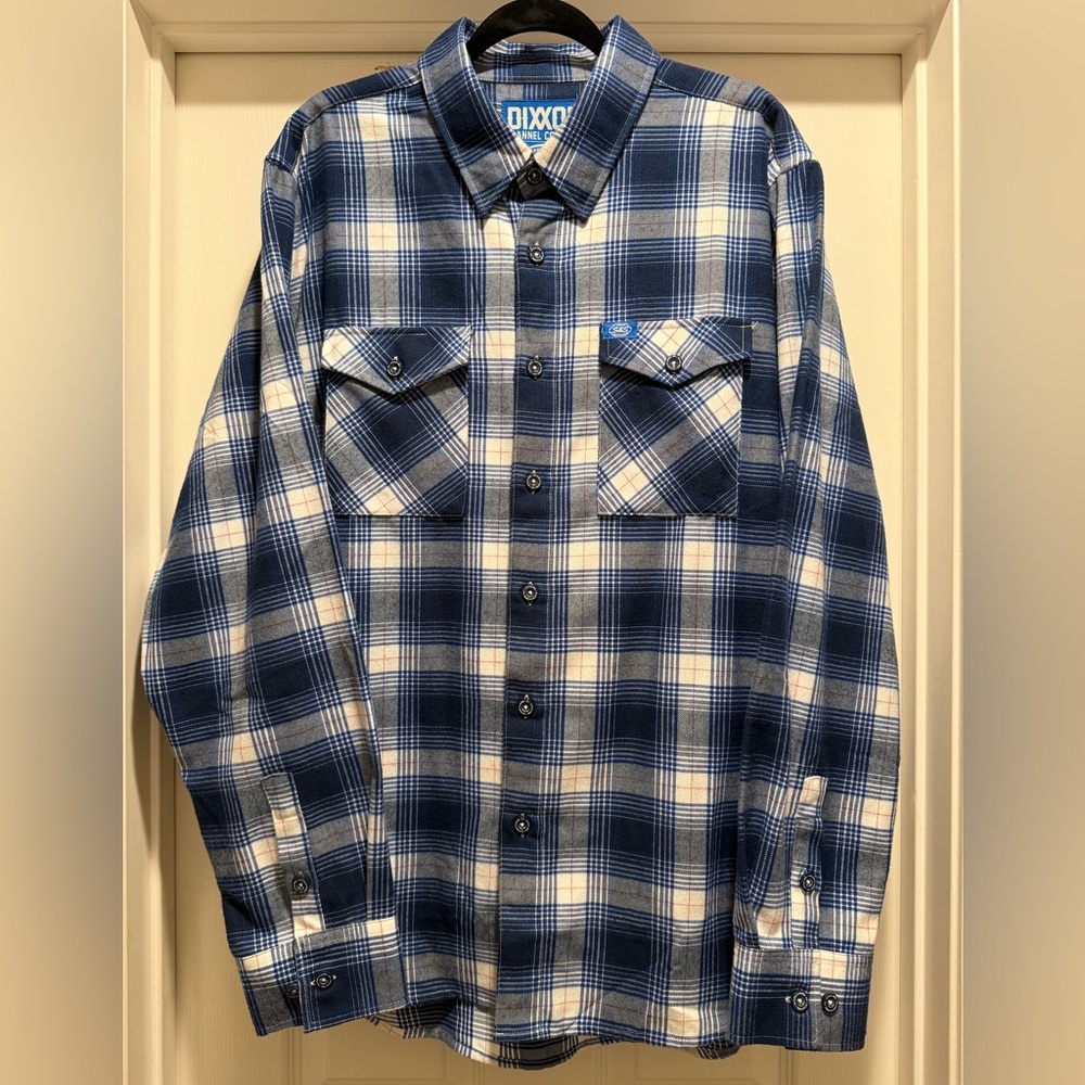 DIXXON "S&S Cycle" Blue, Black, and White Plaid Flannel Shirt Men's XL
